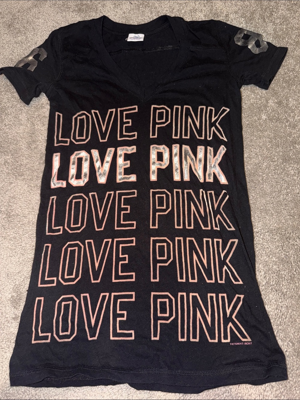 Victoria's Secret Black Tee with Rose Gold 'LOVE PINK' Repeat